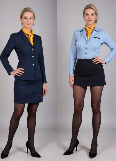 ((Classic very attractive business lady, 45 years old german mature lady)), tall and curvy body, smal tits, flat chested, belly with stretch marks and flap, pale skin with moles an freckles, hairy genitals, short blonde hair, slim body, (full body in view full nude with hairy pussy), skin with stretch marks, (same person, same pose, same angle), (2Split screens, 2split views, onoff:1.2), (wearing a dark blue female lufthansa stewardess uniform with a long darkblue skirt and black tights and light blue shirt, and a smal yellow silk scarf, pearl earrings), BREAK, (gray background), 1960s style colors and photography, serious expression on left side, mouth open on right side, <lora:OnoffXL_ExtraCrispy:.8>