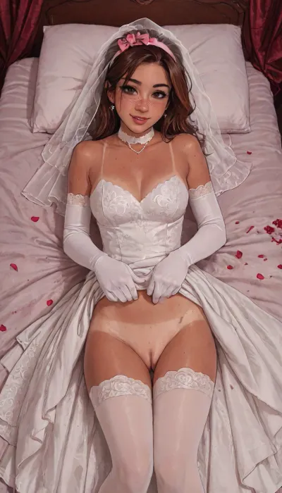 1girl, solo, pussy, dress, clothes_lift, no_panties, long_hair, hair_over_one_eye, realistic, dress_lift, brown_hair, (wedding_dress with stockings:1.4), lips, smile, uncensored, looking_at_viewer, (elbow gloves:1.3), (lying on red_bed:1.7), (close view:1.9), (choker:1.3), (wearing a veil_hairband with bows:1.8), (tan lines:1.6), (above over up top viewer view:1.7), ((Melkor mancin meet markgavatino style)), reiq style, ratatatat74, SamDoesArts, <lora:LCMTurboMix_Euler_A_fix:1.1>, <lora:ratatatat74-000050:1.8>, <lora:mk_Bp Anime_xl:1.2>, <lora:焦茶_XL:2>, <lora:SDXLSamDoesArts:1.6>