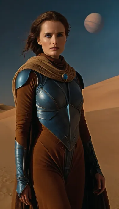 a photorealistic image in the style of a cinematic trailer based on Dune, showcasing the mysterious Bene Gesserit. Visual Style, sunny, unhurried, with elements of desert like the films of David Lynch, but with an emphasis on danger.
Setting, A dune in desert of Arrakis, (((((there's one blue and brown planet in the sky))))), . The photograph shows Jessica Atreides, (a proud woman, with the power of a Bene Gesserit), . She's standing with determination., ((She has otherworldly eyes, (blue:1.3))), ((she's wearing fremen's stillsuit, which reveals her perfect body)), .
Technical Details, Lighting – deep shadows, the face illuminated by a warm light.
Color, Dark shadows + orange accents, (as in Dune 1984), .
Atmosphere, The photograph should feel simultaneously sacred and brutal – the viewer should be simultaneously intrigued and terrified. Jessica Atreides is vulnerable and worried, but she's a charismatic countess whom gaze is hypnotic, and her gaze reflects her wisdom . The ending leaves a sense of solitude.
Key Motifs, Visual Imagery, Scenes with the Bene Gesserit from Dune, (1984), .
Lighting, Greg Frazer's work in Dune, (2021), .
High definition, 8K, HD, high quality, high detail, good lighting, beautiful, epic, masterpiece, blue, eyes, cloak, <lora:Dune1024:.3>