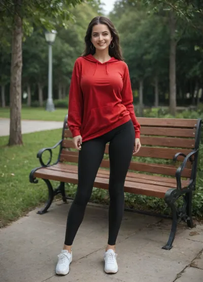 (No panties:1.3), (Full view:1.3), Elvira, 25, beautiful, tall brunette, earrings, large breasts, smiling, long legs, (in a red sweatshirt and black leggings:1.3), standing in a park, bench, hedge, white sneakers, front view