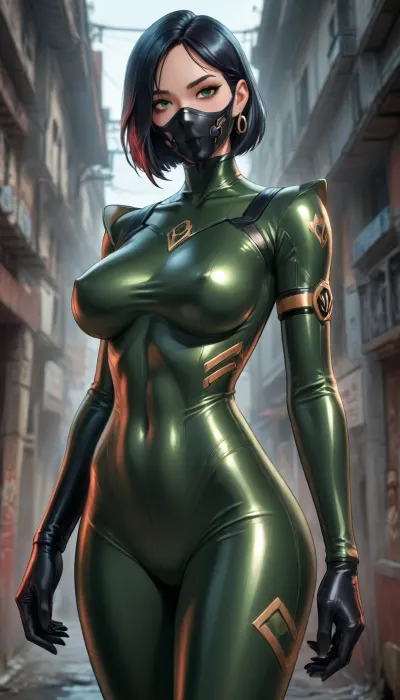 reiq style, ((Viper from Valorant)), jet black bobcut hair, seductive viper green eyes, black viper green skintight integral bodysuit, black gloves, black with gold hints half face futuristic metal mask, large breasts, thin waist, large round ass, toned body, abs, dynamic view