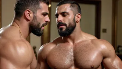 Two Very hairy muscular body's, Lips pressed together Kissing Passionately wet tongues, Duo GayMen Dark Skin tone, ruggedly handsome and bearded muscular, Turkish bodybuilder large penis, bright, rear view muscular back, sweaty wet hairy skin, Intricate tattoos, 8k, (Masterpiece, high quality:1.3), masterpiece, detailed, (homoerotic), Two Hairy Large penis Dominant and Virile very Hairy Arab hunks with short beard stubble, gold Sacred bracelet, highly detailed face, sharp focus, intricate, elegant, Gayfantasy, cinematic colors, matte, Hyperealiatic photographic-Style, Dynamic Visuals, Dynamic contrast, palace, hairy body, Hairy Chest Huge defined nipples 4k, Both Men Fuck each other doggy-style penis deep in ass, Cum dripping