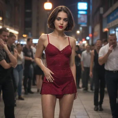 (masculine transgender), (masculine futanari), (masculine femboy), medium penis, small breasts, (dark brown short hair), big balls, cute short dark maroon club dress, crossdressing, ((penis bulge in skirt)), standing in a night club, crowd standing in the background drinking and dancing, masculine face, makeup, lipstick