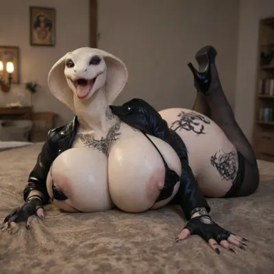 Anthro woman, furry girl, 1girl, snake skin, open mouth, big breasts, huge breasts, no hair, white skin, high detail's, 2 leg, 5 finger, 4K quality, lying on his stomach, leather jacket and gloves, black stockings, black transparent top, front view, full, body, tattoo, high heels, piercing, ring, <lora:FBT-000002:1.3>, <lora:nippleRing:.3>
