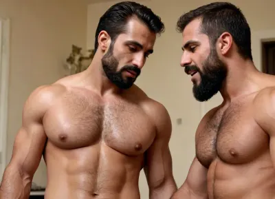 Hardcore Sexualy explicit Two Gay Very hairy muscular body's, Lips pressed together Kissing Passionately wet tongues, Duo GayMen Dark Skin tone, ruggedly handsome, big defined hairy chest large hard nipples bearded muscular, Turkish bodybuilder large penis, bright, rear view muscular back, big heart-shaped buttocks ass, sweaty wet hairy skin wet ass Intricate tattoos, 8k, (Masterpiece, high quality:1.3), masterpiece, detailed, (homoerotic), Two Hairy Large penis Dominant and Virile very Hairy Arab hunks with short beard stubble, gold Sacred bracelet, highly detailed face, sharp focus, intricate, elegant, Gayfantasy, cinematic colors, matte, Hyperealiatic photographic-Style, Dynamic Visuals, Dynamic contrast, palace, hairy body, Hairy Chest Huge defined nipples 4k, Both Men Fuck each other doggy-style penis deep in ass, Cum dripping, hardcore explicit Gay sex, <lora:Kissing:.9>