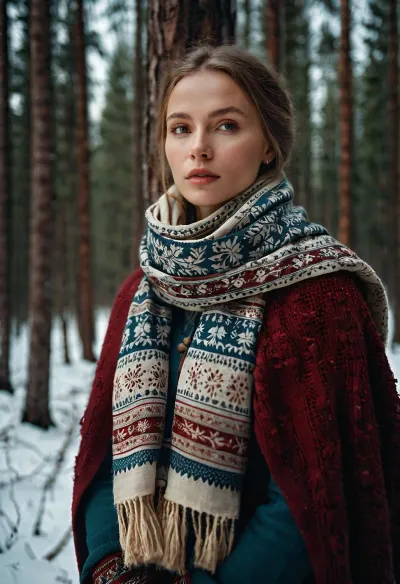 Russian style winter photoshoot in a snowy forest, woman in folk-inspired clothing, long scarf, calm expression, wooden elements, cold winter light, realistic textures, natural colors