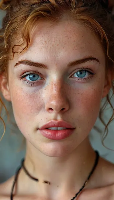 18 year old jewish girl, natural beauty, no makeup, (perfect gorgeous feminine beauty:1.3), (extremely sexy:1.3), (virgin, extremely horny desperately wants to be fucked, begging:1.5), wearing simple plain jewelry, choker around neck, very curly ginger hair, long face, (pale skin, no tan, no tan lines, detailed face, dimples, (full wet soft lips, extremely kissable lips, succulent lips:1.3), freckled nose, freckled chest, freckles), blue eyes, (messy ponytail, very curly ginger hair), (eye contact:1.2), (looking at viewer:1.2), (embarrassed, shy, hopeful smile:1.3), (very happy smile), perfect teeth, 4ng3l, face, Freckles, Natural, skin, <lora:MJ52:.8>, <lora:potrait-woman-v2:.8>, <lora:SDXL_BetterFaces-LoRA_v1:.8>, <lora:add-detail-xl:.8>, <lora:Cosine_freck:.8>