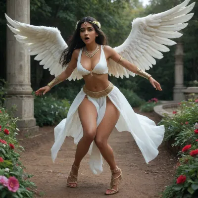 ((((Very dark skin)))), Desi, Indian, 18 years old, medium breasts, long legs, black hair, very long hair, silver circlet, silver bracers, white hair flower, wide hips, hourglass, Flying, scared, caught by fiery lasso, arms by side, lassoed, white toga, short toga, cleavage, Flower garden, Huge white wings, angel, <lora:sdxl_lora_angel:.8>, south, indian, <lora:South_Indian_Girl-000004:.8>