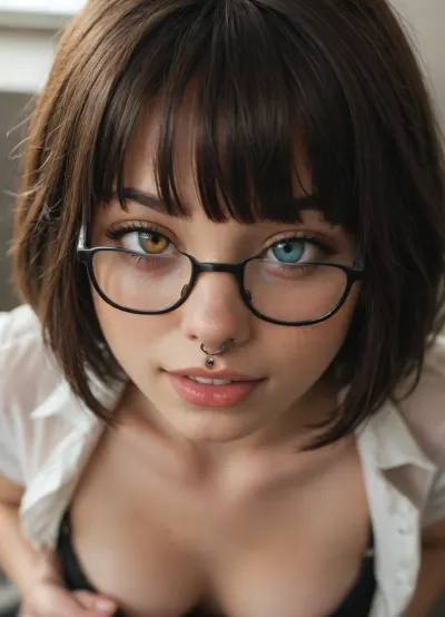 High-angle view, pov of a 20-year old blonde girl, sexy mini jeans, lingerie, blunt bangs, nose piercings, touching their tits with their hands, smiling wide, short hair, very thick cum on tits, open mouth, looking up, in a wooden room, large hoop earrings, cumshot, round glasses with thin golden metal frame, massive load, from high above, looking up to the viewer, open black shirt, freckles, nipples, piercing, close up, face visible, showing panties, holding tits, (heterochromia:1.8), eyes green eyes blue, smiling, long eyelashes, posing for a photoshoot, alone, nose piercing, full lips, thin eyes, deep dimples, kind eyes, white teeth, detailed face, eyeliner and heavy bronze eyeshadow, realistic eyes, sultry expression, eye contact, (sultry:1.2), (glasses:2), confident, photorealistic, dark smoky wingtip eye shadow, feminine nose, side nose ring piercing, grinning, smiling widely, enjoying it, mouth wide open, tongue out, she holds her tits, (nose piercing:2), (bangs:2), no penis, macro shot, depth of field, soft front light, (muted colors:1.2), Canon RF 100mm F2.8L Macro IS USM, Kodak Portra 400 color film. Nostalgic, film-grain aesthetic, with an overall underexposure of 1-2 stops, Soft backlight