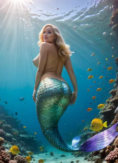 50 year old Mermaid, blonde, chubby, massive tits, Naked, beautiful shiny mermaid tail, deep tan, swimming underwater by a coral reef, colourful fish, bubbles, (side view as seen from underneath the water), close up, mermaid, huge, massive, <lora:Swimming_from_below:.8>, <lora:mermaid_xl_v1:.8>, <lora:78046e3c-2820-4935-8cdb-2fb69110ac02.TA_trained:.8>, <lora:SDXL_MassiveCowsLoRA_v1:.8>