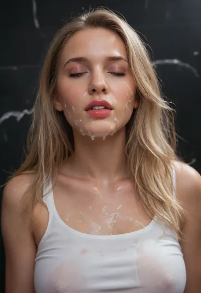 Jennifer Shrader Lawrence face, 25 old, (Cum details), realistic cum, Prominent cum, (white cum:1.7), cum on, (Cum flows:1.2), (cum on body:1.3), cum on hair, (cum on face:1.3), bukkake, ((Clothes and body covered with semen)), white curvy woman, dark purple long sleeve top, excessive cum on clothes, no lipstick, blonde hair, mouth closed, eyes closed, moaning, black room, black background, Face covered in cum, cum dripping from penis, hair covered in cum, (A lot of cum:1.5)