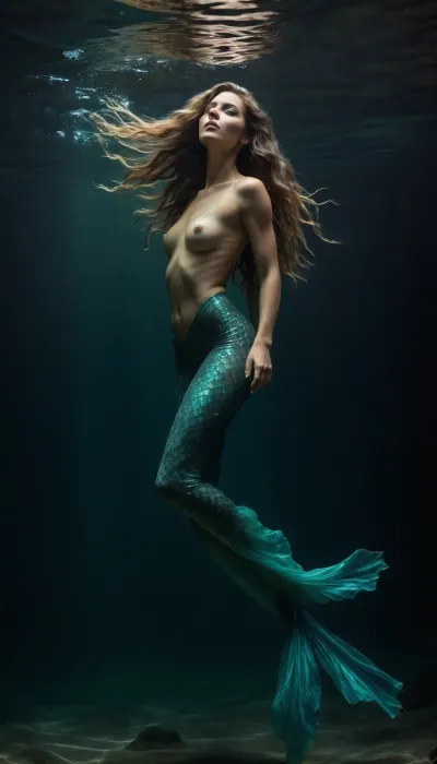underwater scene, full body portrait, fully nude seductive woman, (35 years old), (delicate flat chest with subtle muscle definition), (long flowing hair in deep emerald green blending with the water), hybrid siren-mermaid anatomy, (sleek iridescent fishtail transitioning seamlessly from human legs, scales shimmering in turquoise and silver), hauntingly ethereal expression, high-fashion editorial lighting with dramatic chiaroscuro, (bioluminescent plankton drifting like scattered stars), coral reef backdrop in muted teal and violet hues, shafts of sunlight piercing the water at sharp angles, shot from a low angle perspective to emphasize elongated form, (weight, otherworldly grace), (weight, fishtail's hypnotic movement), water distortion effects creating a dreamlike haze