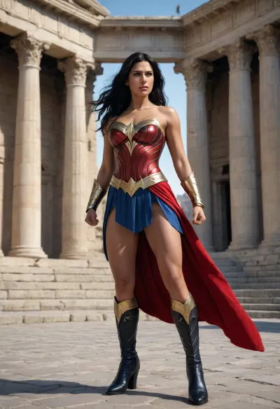 Female superhero, powerful, muscular woman, Greek woman, long flowing black hair, confident expression, striking costume, armor, strapless red bodice with a golden eagle emblem on her chest, blue bottoms, metallic silver bracers, strong posture, clenched fists, strong shadows, ancient city with classical architecture