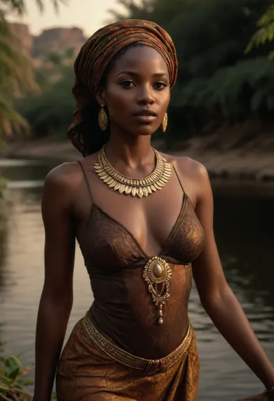 In an exquisitely detailed, photorealistic Nubian setting, under a golden, setting sun, (an elegant African woman masturbates:1.4), by the banks of the Nile, perfect face, (dark skinned:1.3), hided and surrounded by lush, vibrant vegetation and intricate, ancient architecture. She is dressed in flowing, traditional Nubian attire, adorned with beautiful, intricate jewelry, her posture confident and graceful. As she gently touches herself, her eyes meet the viewer’s with a captivating, alluring gaze, hinting at mystery and strength. The atmosphere is filled with the gentle rustling of leaves and the soft flow of the river, creating an enchanting, immersive ambiance. Every detail, from the texture of her clothing to the patterns of the surroundings, is rendered with stunning realism, capturing the timeless beauty and strength of this Nubian woman, <lora:usual-portrait-v2:.8>