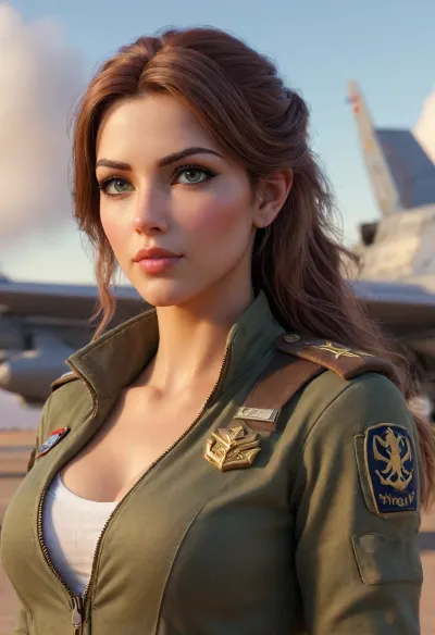1women, Infront of aircraft, cloud, fighter jet, (pilot head), jet, lips, (military uniform), military vehicle, pilot, realistic wow style, sky, solo, (EgyptianGreek ethnicity women), anime style, high quality, masterpiece, highly detailed, beautiful woman, lyco, (genshinfull1-000006:1), a detailed matte painting, WoW-ish, Durotar, <lora:WoW-ish:2>, <lora:Durotar-08:.8>