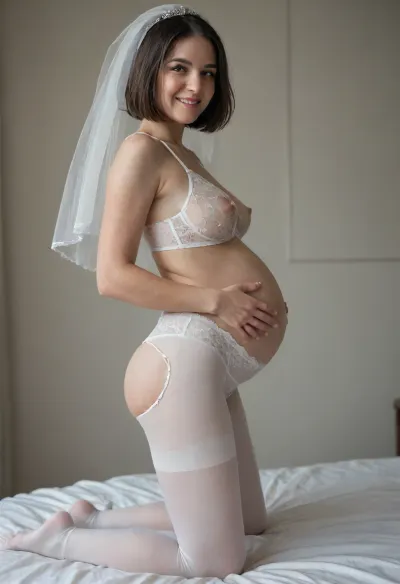 masterpiece, petite woman, gilf, (old:1), (wrinkles), (see-through), (bride lingerie), (wearing white see-through lingerie), (white pantyhose:1.4), (ass torn pantyhose), (long nipples:1), (HD:1.2), (High definition:1.2), (high resolution:1.2), (pale skin:1.4), small feet, (happy woman), bride veil.

The image is an illustration of a scene in a bedroom with a pregnant girl standing, hands on pregnant belly, early pregnancy. woman smiling, (woman has long inverted bob cut hair, black hair), . She has a stunning beautiful face.

woman looks at viewer., (creampie leak), pussy cum leak, (hairy only above pussy:1.3), Viewing angle, The viewer sees the scene from the side, (side view:1.5), .
The viewers position is 3 o'clock and bird's eye view.