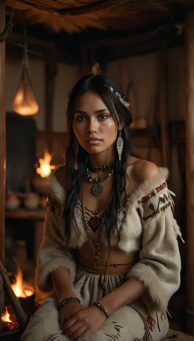 A highly detailed, photorealistic depiction of a 25-year-old Sioux woman, with dark skin, long black hair, nude upper body, wearing traditional grey leather clothing adorned with intricate paintings and embroidery, the clothing richly decorated and embellished, along with indigenous jewelry made of irregular natural pearls and bones, her face rendered with intricate indigenous features, high cheekbones, dark eyes, and a gentle smile, sitting comfortably on cozy, soft fur inside a wigwam, looking directly at the viewer with beautiful dark eyes and a gentle smile, surrounded by a warm, smoky atmosphere, a central fire pit with clay pots and iron cooking utensils, dried fish hanging from beams, and wooden support poles lining the walls, capturing the essence of the time and culture in stunning detail, cloudy, smoke, atmospheric, clouds, fog, CUM, DONATION, ASSISTANCE, FELLATIO, TITS, SEX, HANDJOB, FOOTJOB, AFTER, VAGINAL, <lora:detailed_notrigger:.7>, <lora:Cloudy_Style:.7>, <lora:MJ52:.5>, <lora:CUM DONATION ASSISTANCE:.8>