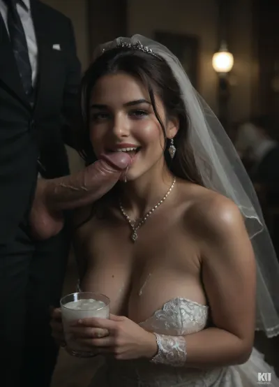 ((white cuckold husband in suit in the background is happy)), very large white penis, The happy chubby Persian bride in sexy wedding dress, cum driping bride's chain' cum driping from white penis, (woman laughs), . drinking sperm from transparent cup, (there is glossy and sticky and glossy sperm in cup), cup full of sperm, cum swallowing, ((gokkun)), cum dripping from the corners of her lips, The woman holds the cup under the cock, logo, text, sign, that, says, the, word, happy, <lora:dark:.5>, <lora:texta:1>, <lora:happy_v2:1>