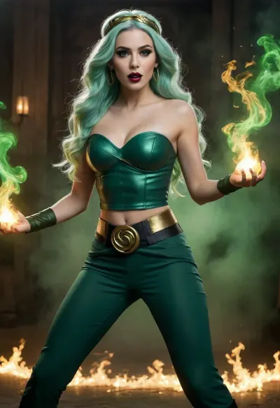 Female superhero, mystical powers, long flowing wavy pale green hair, dark green headband, dark eyeliner and lipstick, dark green strapless top, exposed midriff, dark green pants, thick belt with large shiny gold orbs, gold earrings, conjuring swirling green flames, emanates vibrant luminous green light, dynamic pose