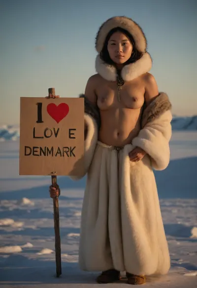 In a highly detailed, photorealistic Greenlandic setting, amidst eternal ice and endless snow, full body view of a breathtaking Greenlandic woman standing alone in the frozen landscape, the pale Arctic sun casting a soft glow, (dressed in wide opened traditional Inuit-inspired attire discovers her sexy nude body:1.4), traditional Inuit-inspired attirewith furs and intricate beadwork, she moves gracefully through the snow, gathering ice crystals and examining the frozen landscape, her eyes reflecting strength and serenity, captivating the viewer with a subtle, alluring gaze, the environment a majestic blend of towering icebergs, shimmering snowfields, and the gentle dance of the northern lights overhead, creating a breathtaking, immersive ambiance, every detail, from the texture of the ice to the intricate patterns of her clothing, rendered with stunning realism, capturing the enchanting beauty and resilience of this Greenlandic woman, (holding a sign that reads "I love Denmark!":1.4), making a powerful statement, every element carefully integrated and highly detailed, creating a scene of both beauty and activism, PEHoldingSign, <lora:PE_HoldingSign:.8>