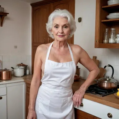 score_9, score_8_up, score_7_up, 95 years old granny, white hairry pussy, best quality, masterpiece, high resolution, intimate vacation, (volumetric light), ultra juicy body, large soft breasts, volumptous hourglass figure, ultra snatched and tiny waist, voluminous chestnut hair, your young girlfriend while cooking dish in a grand kitchen, floor-to-celling-windows, sly horny face, (wearing just an tiny white apron:1.3), nipples covered, mediterranean interior, old cupboards, cooking, copper pots, (cleavage:1.1), vegetable, looks aroused, view slight from the side