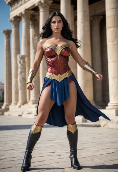Female superhero, powerful, muscular woman, Greek woman, long flowing black hair, confident expression, striking costume, armor, strapless red bodice with a golden eagle emblem on her chest, blue bottoms, metallic silver bracers, strong posture, clenched fists, strong shadows, ancient city with classical architecture