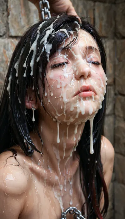 (Tifa Lockhart from final fantasy looks innocent and sad:1.2), nude, chained to a wall, in a cave, all wet, soaking glazed face, depressed look, mouth agape, hyper cum, her face is unrecognisable due to so much wet cum, ((Tifa is locked in a cell after sex and bukkake and chained up)), closed eyes, head thrown back, Lara has a lot of wet cum on her face, (hyper cum on face:1.2), her face is completely covered in wet cum, soaked wet glazed cum face, cum in eyes, completely covered in cum, cum running down face, wet messy hair, soaking wet hair, (face closeup shot of Tifa in isolation:1.3), detailed macro face closeup, photorealistic, woman, on, face, close_up_detailed_shot_of1, facial, expression, bukkake, cum, <lora:SDXLHighDetail_v6-000005:.8>, <lora:JustCum:.8>, <lora:close_up_detailed_shot_of1:.8>, <lora:Expressions XL:.8>, <lora:MS_Real_XL_Bukkake:.8>