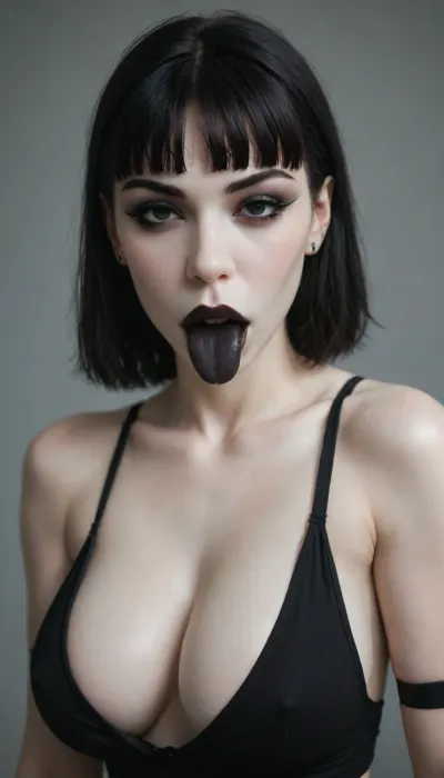 goth, (ash white skin:2.3), dark black eyes, (medium black cleopatra hair with bangs:1.3), (black eyeliner:1.5), (black lipstick), (black tongue1.3), full lips, fully clothed, complete street whore outfit, large full breasts, nice hips, perky boobs, pokies, seductive smirk, (pornmodel pose:1.5), (blowjob:1.5), <lora:legupsex_XL_9_-000009:.8>