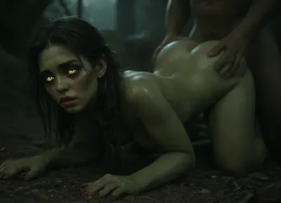 a cute goblin woman, dark stone ruins, braided black hair, long ears, (big green glowing eyes:1.5), long fake eyelashes, very big red lips, color eyeliners, ultra heavy makeup, petite, skinny, perfect face, gets fucked on a sand by green little goblin monster, fucked from behind, (doggystyle sex:1.3), ((mature sad face, crying, tears)), vaginal penetration, on all fours, high detailed medium breasts, nice round butt, red nails, high detailed oiled sweaty skin, (green skin:1.9), night, moonlight, Gobla, <lora:detailed_notrigger:.7>, <lora:Gobla:2>, <lora:dark:.8>