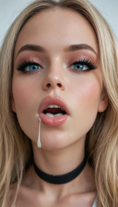 instagram photo, (close-up mouth:1.8), 18 y.o., slut, blonde hair, very long hair, big lips, beautiful face, black choker, extra detailed, high definition, (boobs:1.2), ((open mouth)), (blue eyes), (glamorous slut makeup:1.5), (((very very big long eyelashes:1.4))), (ab crack), ((wet Skin)), ((cum on face)), ((cum on eyelashes)), choker, covered long erect nipples, (in the bad), ((erotic pijamas:1.7)), shadows, bright light patches, light caustics, (Dynamic angle:1.5), round breasts, hard nipples, narrow waist, (big tits:1.3), (small butt:1.5), ((very skinny:1.5)), tears, short body, realistick, <lora:melanin-XL:1.3>