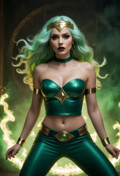 Female superhero, Brazilian woman, mystical powers, long flowing wavy pale green hair, dark green headband, dark eyeliner and lipstick, dark green strapless top, exposed midriff, dark green pants, thick belt with large shiny gold orbs, gold earrings, conjuring swirling green flames, emanates vibrant luminous green light, dynamic pose