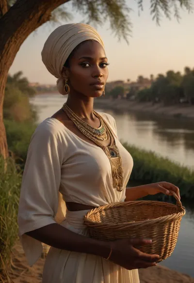 In an exquisitely detailed, photorealistic Nubian setting, under a golden, setting sun, an elegant African woman stands by the banks of the Nile, surrounded by lush, vibrant vegetation and intricate, ancient architecture. She is dressed in flowing, traditional Nubian attire, adorned with beautiful, intricate jewelry, her posture confident and graceful. As she gently weaves a basket from natural reeds, her eyes meet the viewer’s with a captivating, alluring gaze, hinting at mystery and strength. The atmosphere is filled with the gentle rustling of leaves and the soft flow of the river, creating an enchanting, immersive ambiance. Every detail, from the texture of her clothing to the patterns of the surroundings, is rendered with stunning realism, capturing the timeless beauty and strength of this Nubian woman