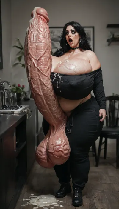 Ssbbw goth milf, heavy fat saggy gigantic natural breasts, cum covered tits, (Gigantic veiny black cock:1.8), hyper-veiny black cock, one, sexy, woman, shocked, by, huge, cock, cockshock, <lora:cockshock:1.2>