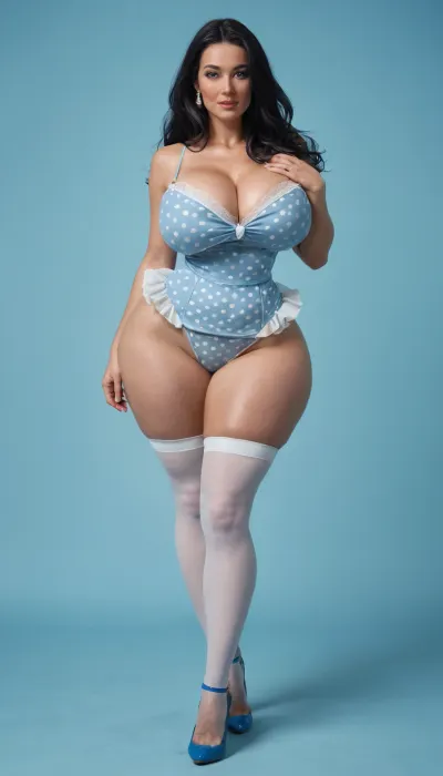 (milf:1), blue background, blue room, busty mature white woman, wearing blue 1950s A-line dress with navy blue petticoat and white polka dot, (extremely long smooth black hair:1.5), (wide_hips:1.5), (Massive ass:1.1), (massive breasts:1), white panites covering her ass, thin waist, gorgeous, white stockings, blue high heels, front view, posing, upskirt, looking at the viewer.