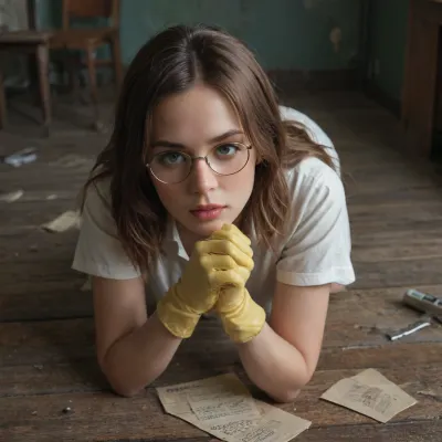 Scope_9, score_8_up, score_7_up, This image presents a woman with a focused expression looking directly at the viewer, set in what appears to be butchery or morgue environment, with an unsettling ambiance.
The composition centers around a woman, framed from the chest up, positioned on a reflective stainless steel surface of a butchery table, suggesting she is lying down. The perspective is from the viewer's point of view lying on the stainless steel surface, viewing angle approximately 1 inch above the butchery table surface. Dried blood splatters are scattered on the stainless steel surface, adding an element of disquiet. The background features a morgue or butchery athmoshere with bloodstained tile walls, hook rails attached at the walls, various butcher tools hanging from the hook rails, meat hooks with half pig halves hanging from ceiling, three stainless steel coffins stacked on top of each other at the rear wall. The lighting is focused on the subject's face, making it the central point of the image.
The woman is the primary subject, wearing nerdy glasses and a focused expression and eureka look to viewer, folded up bloodstained faceshield, yellow rubber gloves. She rests her arms on what appear a stainless steel table, supporting herself as she gazes directly at the viewer. Bloodstained garden prune shears and a bloodstained carpenter claw hammer lie clearly visible in front of her on the stainles steel table. Her expression is a mix of intensity and perhaps apprehension. Her hair is light brown and pulled back, and her face shows no distinct emotion. The direct eye contact establishes a connection with the viewer.
The image has a strong cinematic or photographic quality, with a focus on realism. The use of natural lighting in the background, contrasting with the direct, artificial lighting on the subject, is noteworthy. The choice of colors, particularly the green background and the red of the blood, heightens the atmosphere. The technical execution shows a high degree of detail, emphasizing textures and the reflective quality of the floor.
The setting appears to be an institutional space, possibly a butchery or a medical facility like a morgue, indicated by the shelving and the cold, metallic environment. The lighting is dim, casting shadows that suggest mystery. The scattered blood creates a stark contrast against the clean environment, contributing to the suspenseful and eerie atmosphere. The overall mood is one of tension and ambiguity, drawing the viewer into the scene and prompting questions about the narrative., mooning, glove, <lora:mooningv2_SDXL:2>, <lora:adjusting glove XL-v1:1.5>