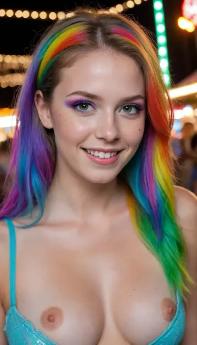 18 years old girls, (naked college girls, girlfriends, pride makeup, rainbow makeup, rainbow hair:1.5), nude girls, cum on face, (cum on face 1.4), (pair of girlfriends, snuggling her chin on her girlfriends shoulder:1.4), (night time at the carnival, bright neon lights, night time, carnival:1.4), (neon lights reflected in her eyes pale iridescent eyes, neon lights glow on her skin:1.3), (wide toothy smirk, troublemaker grin, sly smile, spunky attitude, feisty attitude, rocker attitude, high energy, impish attitude:1.2), (bobcut hair, pixiecut hair, jaw length hair, messy hair:1.2), (zoomed out, full body portrait, photography rule of thirds), (the viewer can see the carnival over her shoulder in the background, standing in front of a merry go round, time lapse effect), (pale skin with freckles, pixie face, narrow jaw, high defined cheekbones, triangle face shape:1.2), (ultra realistic, realistic, photorealistic, photo realistic, photorealism, photo realism, lifelike, convincing realism), (maximum quality, ultra-detailed, insanely detailed, highly detailed, high quality, uncompressed, raw source photograph, raw image), (highly detailed eyes, high resolution eyes, high quality eyes, highly detailed hair), (same color eyes, symmetric eyes, matching eyes, detailed eyes, detailed iris, detailed pupils, limbal ring around iris, perfectly round iris, perfectly round pupils), (expressive eyes, striking eyes, captivating eyes, mesmerizing eyes, glittering eyes, Fae eyes)