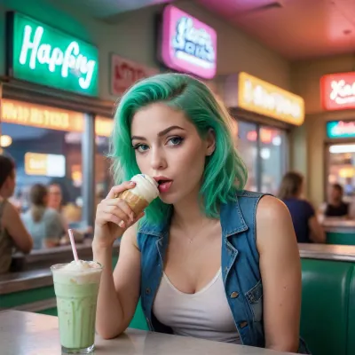 photo of a blonde woman with green hair drinking a milkshake in front of a window, with a neon sign "happy new year" above her head, at an american diner in the style of david lachapelle and petra collins. the image has pastel colors, a fashion magazine cover aesthetic, vintage film grain texture, and a cinematic quality