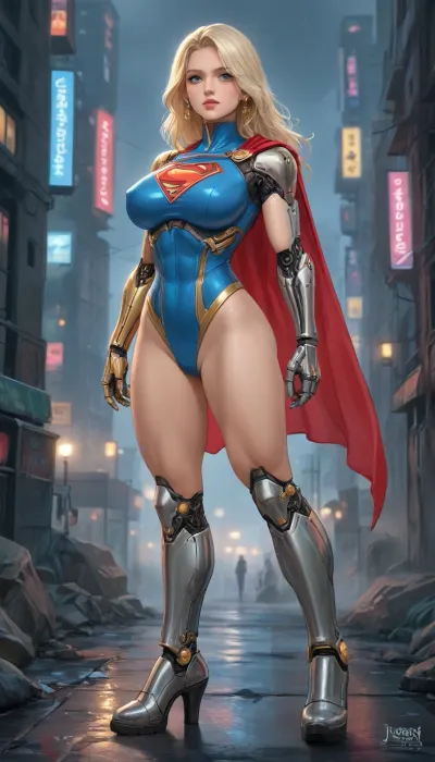 reiq style, 8k, Cyberpunk, (Android Supergirl:1.6), – dominating catwalk, (chrome exoskeleton:1.6), gleaming with intricate circuitry and exposed hydraulics. Red & blue colors, (robotic limbs:1.6), accented by gold plating and glowing cube data ports on her arms, (big breast, metal breastplate:1.3), Muscular legs encased in reinforced plating, elevated in sleek cybernetic heels. Long, platinum blonde hair cascades down her back, interwoven with fiber optic strands. 30-year-old woman, (full height:1.2), standing amidst a sprawling cyberpunk cityscape – holographic advertisements flicker in the rain, drones buzz overhead. Highly detailed, cinematic lighting, octane render, trending on ArtStation – sci-fi, futuristic, gritty realism, <lora:cartoon_stickers_xl_v1:.8>, <lora:ratatatat74-000050:.9>, <lora:detailed_notrigger:.3>