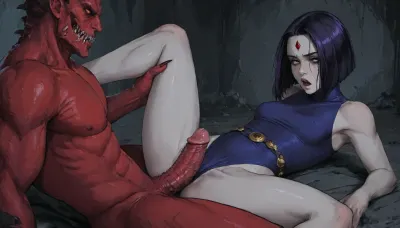 Score_9, score_8_up, score_7_up, ((mark gavatino style)), cutesexyrobutts, realistic masterpiece, 8K UHD, maximum quality, maximum details, maximum realism, score 9, score 8 up, score 7 up, (extremely huge crimson penis, muscular red demon, erect penis, fully erect demon cock, chitin penis, ridged penis, red muscular demon, long crimson demon claws spreading thighs), visible camletoe, (DC comics Raven), (pale grey skinned female:1.44), (purple hair), (bobcut hair style, straight hair, forehead jewel), (sleeveless navy blue leotard, high waisted leotard), brass belt with ruby inlays, loose belt, Endless_Up_SDXL_Neg, ((exhausted, moaning)), (defeated, beaten), (looking down), small breasts, (carried position), leotard pulled aside, (anal sex), (pussy spread open), <lora:EnvyAnimeDigitalPaintingXL01:.9>, <lora:mk_Bp Anime_xl:1.1>, <lora:1raven-000004:.8>, <lora:underanglexl16:.8>, NEGATIVE_HANDS