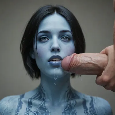 Head shot, Cortana with massive tits, blue skin, blue mechanical eyes, (holographic semi-transparent body:1.3), deepthroating a gigantic massive caucasian cock to wide for her mouth