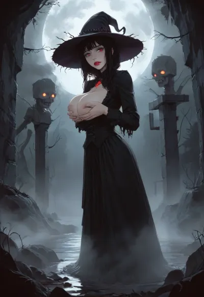 Ultra dark gothic horror scene, black-haired girl standing in a cursed swamp, deep clevagr, big clevagr, massive breast, big round hat, side view, pose, heels, shy pose, hands on chest, hands between breast, midnight, moon hidden behind thick storm clouds, almost complete darkness, (darkness), no moon, dark palette light barely revealing her face, blood-red eyes faintly glowing, wind violently tearing through her hair and dress, soaked black Victorian gothic gown, dead trees reaching like claws, thick black fog crawling over water, rotten swamp plants, abandoned ruined houses in distance, faint silhouettes in mist, oppressive atmosphere, cinematic horror lighting, deep shadows, high contrast, painterly dark fantasy style, grotesque beauty, nightmare mood, eldritch undertones, hyper-detailed, 4k, horror concept art, dark illustration, digital painting, thick fog, glowing moonlight, dark blue color palette, dramatic clouds, moody lighting, surreal environment, dark fairytale mood, brushstroke texture, fantasy oil painting style, perfect eyes, (incase style), pixelart, <lora:ratatatat74-000050:1>, <lora:outline_xl_kohaku_delta_spv5x:1.3>, <lora:cartoon_stickers_xl_v1:.6>, <lora:NEOTOKIOXL_0.2_RC:1.2>