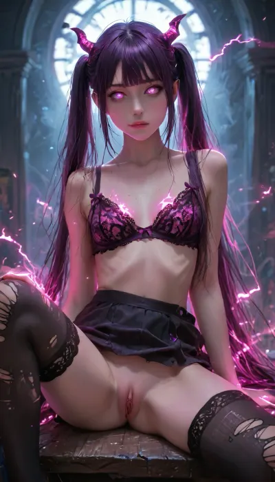 Charming petite girl, close-up focus, (Multicolour red_purple Hairstyle), (charming eyes, bright glowing pupils:1.5), Night, (flatchest:1.1), mix4, (8k, RAW photo, best quality, masterpiece:.8), (realistic, photo-realistic:.7), beautiful face with smile, (torn skirt of single color:1.1), Nothing clothes on her slim legs, small tits in neon bra, (very long straight violet hair on her breasts:1.02), lace stockings, torn stockings, twintail, neon demonic horns, charactor of Japanese anime, ((all aura are glowing purple)), realistic pussy no panties under skirt, Dynamic pose, (all aura are glowing purple), purple reflections on skin, girl is sitting on a demonic throne, Sitting in a leg-on-leg pose, very detailed, detailxl, 8k, glowneon, glowing, sparks, lightning, dark, aura, <lora:zavy-hrglw-sdxl:2>, <lora:glowneon_xl_v1:2>, <lora:Glowing_beach:2>, <lora:LCMTurboMix_Euler_A_fix:2>, <lora:Dark_Aura_XL_-_Filled_with_miasma:2>