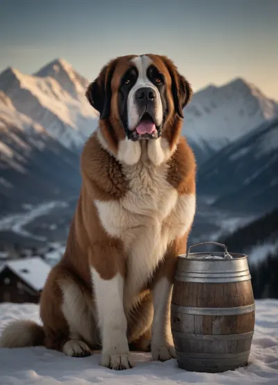 St Bernard with keg, snow and mountains in the background