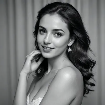 A collage of four photos. Studio shooting with one woman on a simple background with a texture of fabric. The series of images is made in a single black-and-white visual style and conveys a change of poses, gestures and facial expressions without changing location.

On the upper left panel, a woman is depicted in the "chest up" position, her body is positioned frontally, she hugs herself, her head is tilted, and her gaze is directed directly at the camera. The average picture.

In the upper right panel, a woman is shown from the shoulders up, her torso is turned three-quarters, one shoulder is pushed forward, her head is tilted and turned to the side, her gaze is directed up and away from the camera, and her hands are out of frame. The average picture.

On the lower left panel, her body is turned three-quarters, her head is raised, her gaze is directed directly at the camera, her shoulders are lowered, and her hands are out of the frame. Her posture is static. A medium-sized snapshot.

On the lower right panel, her body is slightly turned, her head is tilted to one side, she is looking at the camera, her lips are stretched in a wide smile, her pose is relaxed, without active hand gestures.

In makeup, the eyes are highlighted with dark eyeliner and pronounced eyelashes, and the lips are covered with a thick glossy neutral shade.

Hairstyle, Her hair is loose, has a soft wavy texture, is parted in the middle, and the strands fall freely around her face.

The woman is not wearing clothes, has medium-sized breasts, beautiful nipples, and long earrings in the shape of a five-pointed star.

The shooting takes place in the studio against the background of a monochrome curtain with vertical folds. The background is uniform and fills the entire frame.

The lighting is soft, studio, frontal, the light source is located in front of the model and slightly to the side. The light evenly outlines the face, creating soft shadows without sharp contrasts. The overall tone of the image is low-contrast, with a pronounced film texture.

The shooting was done in vintage black-and-white portrait style, film photography with visible grain, taken with a portrait lens, medium depth of field, camera at eye level, high detail, photorealistic, realistic skin image.