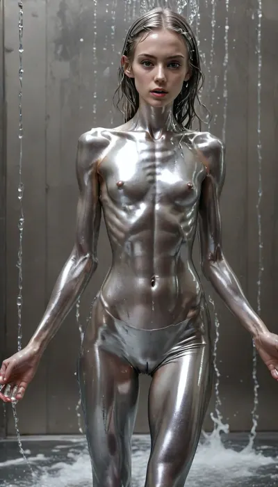 18y.o. girl, nude, liquid metal world, (((full-body photo of skinny girl made of liquid metal))), the girl leaves the wall of liquid metal, metallic hair, liquid hair, (puffy pussy, puffy vagina), short bombshell hair, V-cut, bombshell hair, silver hair, twin braids, athletic build, narrow waist, wide hips, medium breasts, korean, liquid, metal, LIQUID, METAL, SILVER, GOLD, solvique, dissolving, cs-m3tal-ok_v06-1000, uberfit, muscular, athletic, <lora:LIQUID_METAL:1.5>, <lora:Liquid_Fluid_Metal_XL_-_By_DICE:1>, <lora:solvique:1>, <lora:B23_Dark_Silver_CHrome:.8>, <lora:uberfit_lora_sdxl:.8>