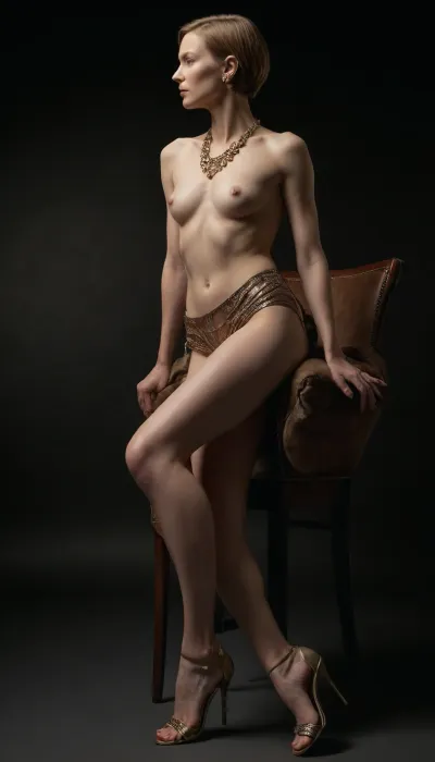 "Create a high-resolution, photorealistic full-body portrait of a pale-skinned mature Irish woman with flat chest, (40 years old), embodying timeless eroticism. She has a very short bob haircut, exuding confidence and shameless sensuality, adorned with intricate jewelry. Her posture is natural yet provocative—artistic erotic poses that emphasize power and grace without exaggerated anatomy. The focus should be on her spreaded legs—realistically proportioned, neither elongated nor distorted—highlighting their elegance through dynamic positioning. She wears high-heeled sandals, minimum 21cm stiletto, portrait should be cinematic, sculpting her body with shadows and highlights for depth, enhancing texture in both skin and fabric. Mood, A fusion of raw eroticism and elegance—bold but tasteful. The composition should evoke reverence for the female form, blending classical beauty with cutting-edge aesthetics. Render in ultra-HD with hyper-detailed textures, soft yet defined edges, and a color palette that balances warmth and metallic futurism." **Technical Notes, **, Strictly realistic human proportions, (reference anatomical accuracy), Avoid hyper-sexualized distortions, (keep natural muscle tone, bone structure), Lighting, Dramatic directional light with secondary rim lighting for dimension, Style, Between "haute couture editorial" and "neo-classical oil painting", Pose, Dynamic but plausible, (e.g., seated with one leg draped over an armrest, or mid-movement with fabric flowing), no anatomical exaggeration