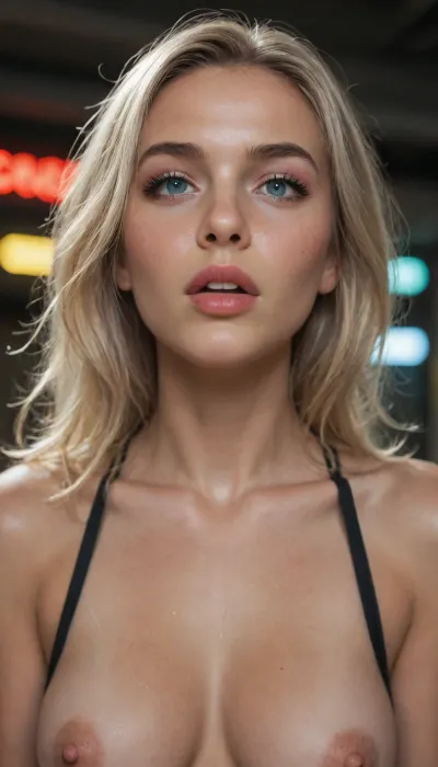 Extreme close-up, low-angle, fisheye-style portrait of a young Caucasian woman with platinum blonde hair falling over her left shoulder, slightly messy and backlit by vibrant neon lights. Her face is tilted upward at a 45-degree angle, chin lifted, eyes wide open and locked directly into the camera lens with an intense, glazed, almost hypnotic gaze — pupils slightly dilated, conveying intoxication, exhaustion, or ecstatic surrender. She has sharp, dramatic winged eyeliner in deep black, extending past the outer corners of her eyes, with subtle pink eyeshadow blending into the crease. Her eyebrows are naturally arched, lightly filled, framing large blue-grey eyes with long, curled lashes. Her lips are parted wide, revealing upper teeth slightly clenched together, lower lip glossy and plump, with a thick, translucent strand of saliva dripping from the center of her lower lip down her chin — the droplet elongated, refracting light, catching the red and blue neon glow behind her. The saliva is viscous, glistening, with surface tension visible, creating a small bead at the tip before it falls. Her skin is fair, dewy, with faint freckles across her nose and cheeks, pores subtly visible under high-resolution lighting. She wears a thin-strapped grey bralette, straps barely visible over her shoulders, collarbones prominent, skin tone illuminated by contrasting warm and cool tones — red neon casts a flush on her right cheek and neck, blue neon cools the left side of her face. Behind her, the background is dark and industrial — textured concrete ceiling with glowing horizontal LED strips, one bright red line running diagonally above her head, another vivid blue line below it, both casting hard, saturated reflections on her skin and hair. A blurred graffiti-covered wall is visible in the bottom-right corner, adding urban decay aesthetic. Lighting is cinematic, high-contrast, chiaroscuro style — key light from front-left, rim light from behind highlighting hair strands and jawline. Depth of field is extremely shallow, keeping only her face and the dripping saliva in sharp focus, while shoulders and background blur into soft bokeh. Style, hyperrealistic photography, 8K resolution, skin texture detailed to pores and fine hairs, liquid physics accurate, film grain subtle, color grading inspired by cyberpunk nightlife — saturated reds and blues with crushed blacks. Mood, raw, sensual, intoxicated, provocative, club culture, post-rave vulnerability, emotional overload. No nudity, no exposed breasts, no sexual organs, no explicit content — focus purely on facial expression, lighting, and liquid detail.
