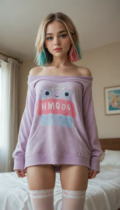 (Cinematic), Creativity Portrait girl, hn tanuki, freckles, young face, innocent look, childlike proportions, flat chested, small breasts, petite, tiny, short, chibi, pastel streak hair, oversized hoodie offshoulder, thigh highs, bedroom, soft rim
Quality High, Pose From Below