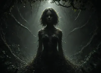 A beautiful girl is tightly embraced by a creepy monster, <lora:dark:.8>, ais-darkpartz, <lora:Dark_Particles_Style_SDXL:.8>, fractalvines, made, from, fractal, vines, covered, in, <lora:Fractal_Vines:.8>