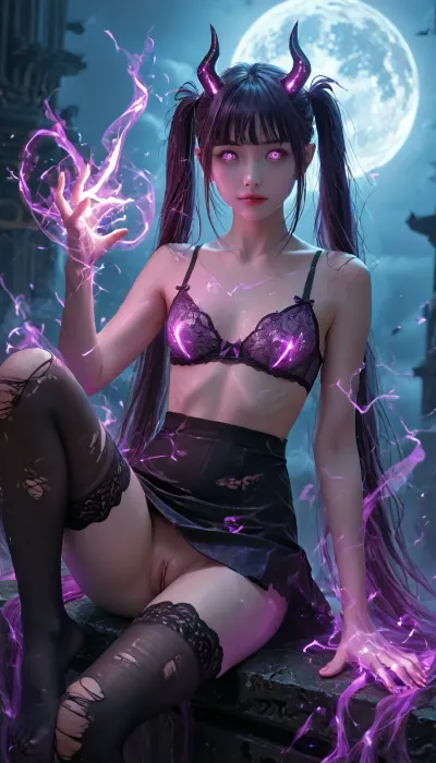 Charming petite girl, close-up focus, (Multicolour red_purple Hairstyle), (charming eyes, bright glowing pupils:1.5), Night, (flatchest:1.1), mix4, (8k, RAW photo, best quality, masterpiece:.8), (realistic, photo-realistic:.7), beautiful face with smile, (torn skirt of single color:1.1), Nothing clothes on her slim legs, small tits in neon bra, (very long straight violet hair on her breasts:1.02), lace stockings, torn stockings, twintail, neon demonic horns, charactor of Japanese anime, ((all aura are glowing purple)), realistic pussy no panties under skirt, Dynamic pose, (all aura are glowing purple), purple reflections on skin, girl is sitting on a demonic throne, Sitting in a leg-on-leg pose, very detailed, detailxl, 8k, glowneon, glowing, sparks, lightning, Artnthrmg, Aura, Jellyfish, Blue, eyes, Moon, Woman, Glow, dark, aura, <lora:glowneon_xl_v1:2>, <lora:Glowing_beach:2>, <lora:LCMTurboMix_Euler_A_fix:1>, <lora:artfullyNETHERMAGE-000015:2>, <lora:Dark_Aura_XL_-_Filled_with_miasma:2>